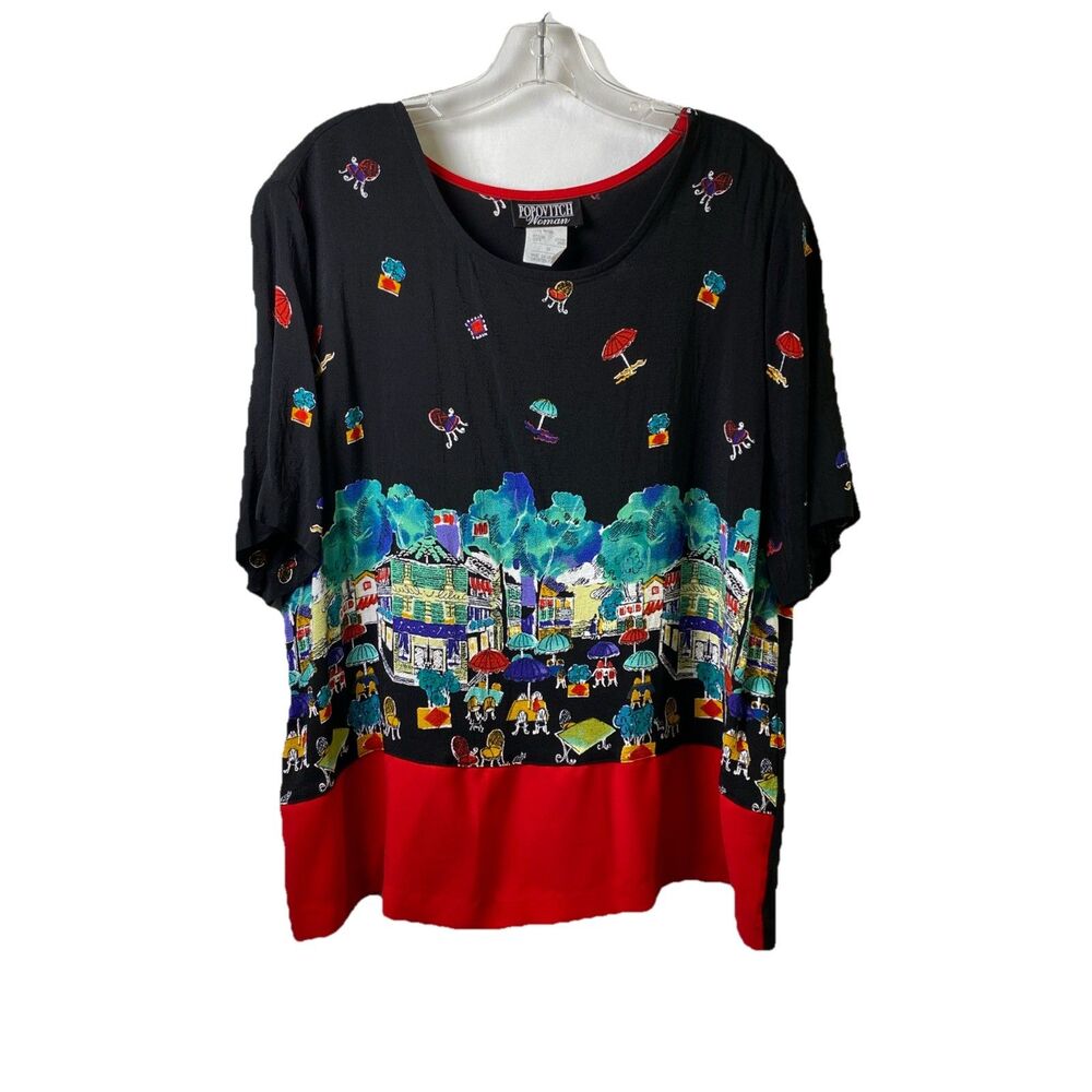 Vintage 90's Rayon Colorblock Street Scene Womens - Size 1X - Whimsical Vacation